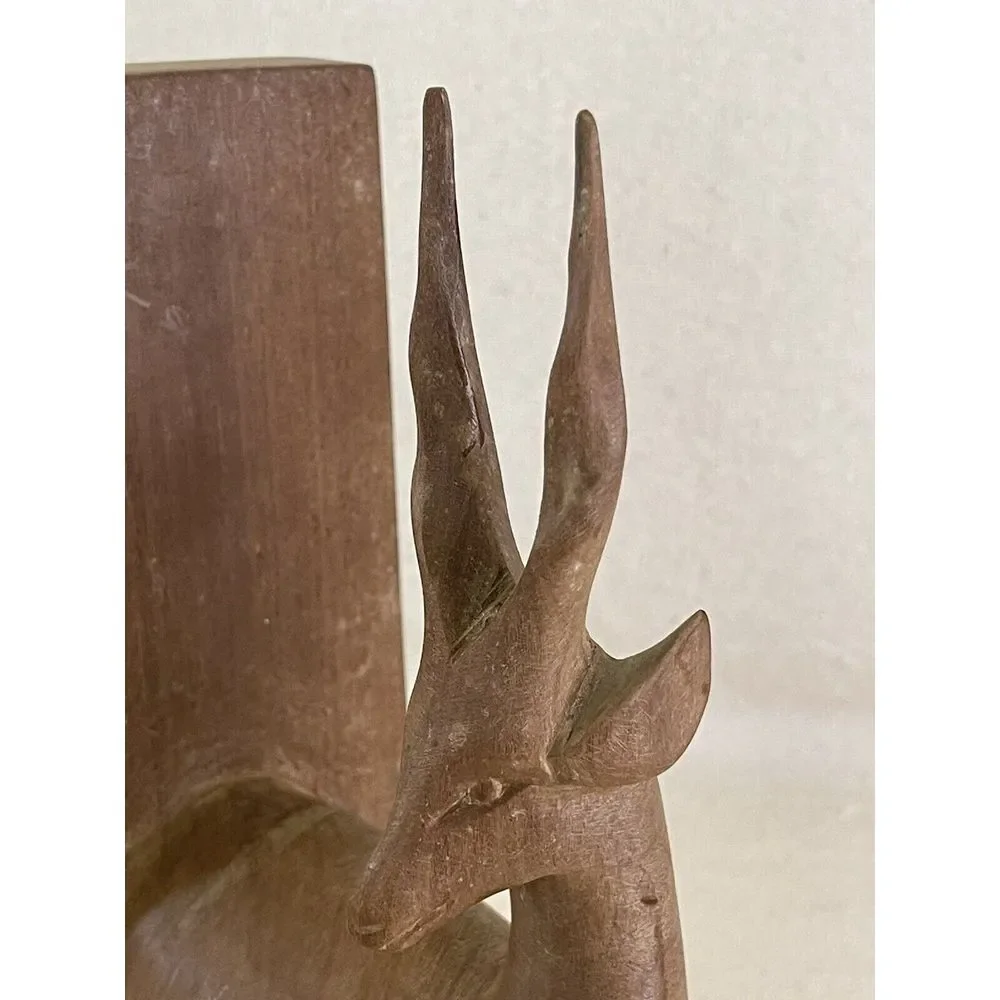 Mid-Century Decor Wood Deer Bookend (1) Hand Carved Antelope Gazelle Heavy Solid